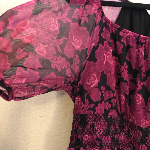 Terra & Sky Women's Sheer Dress OX 14W Rose Floral Black/Burgundy Moody Romantic - Picture 4 of 11